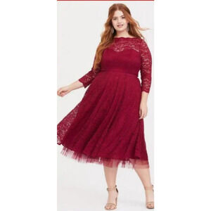 TORRID Red Formal LACE Midi Illusion DRESS LACE SLEEVES SIZE 18 NWT